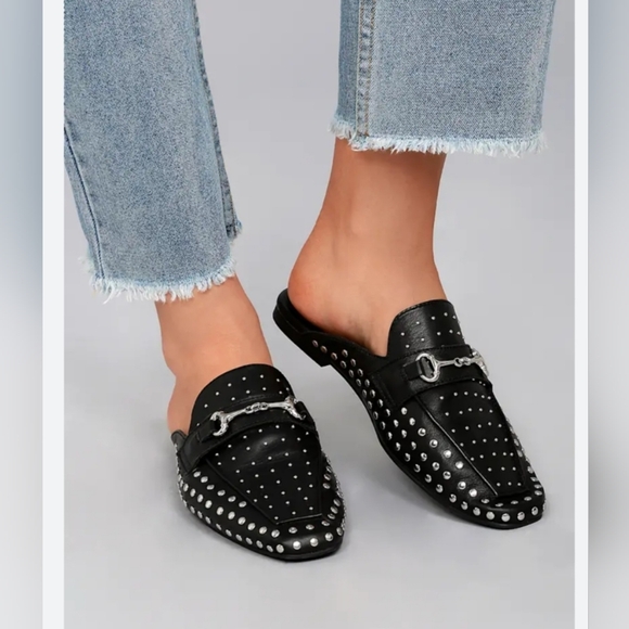Steven By Steve Madden Shoes - Steven by Steve Madden Razzi Black Leather Studded Loafer Slides Slip On Mules
